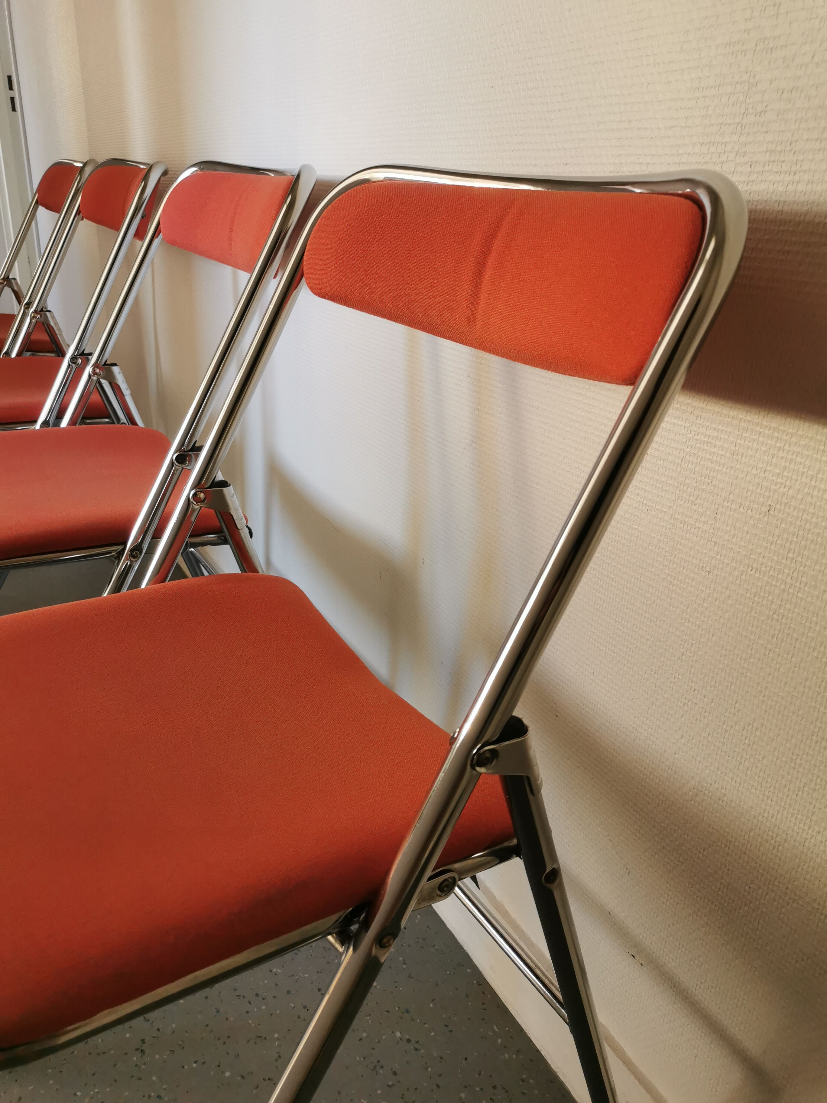 4 red and chrome folding chairs, Plichaise by Souvignet, France, 1970
