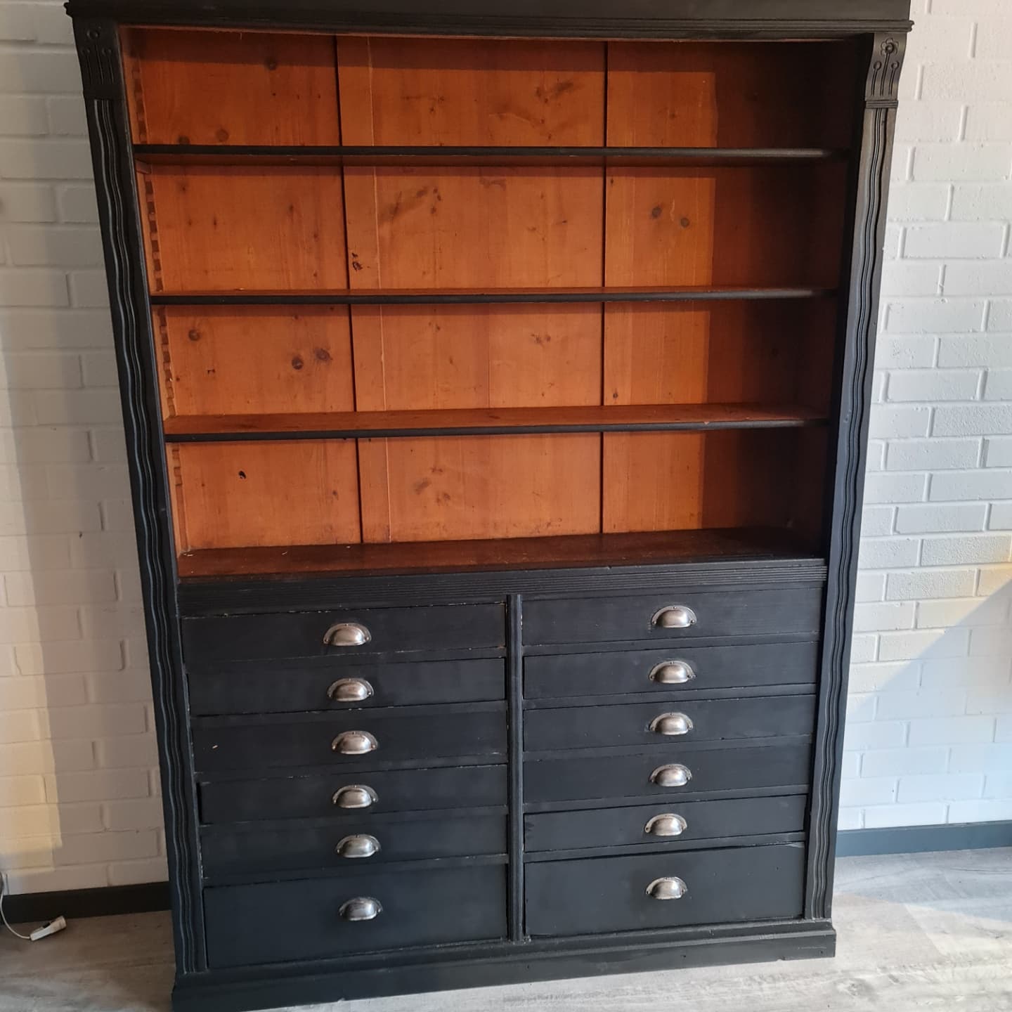 Industrial furniture loom shelf with drawers black patina