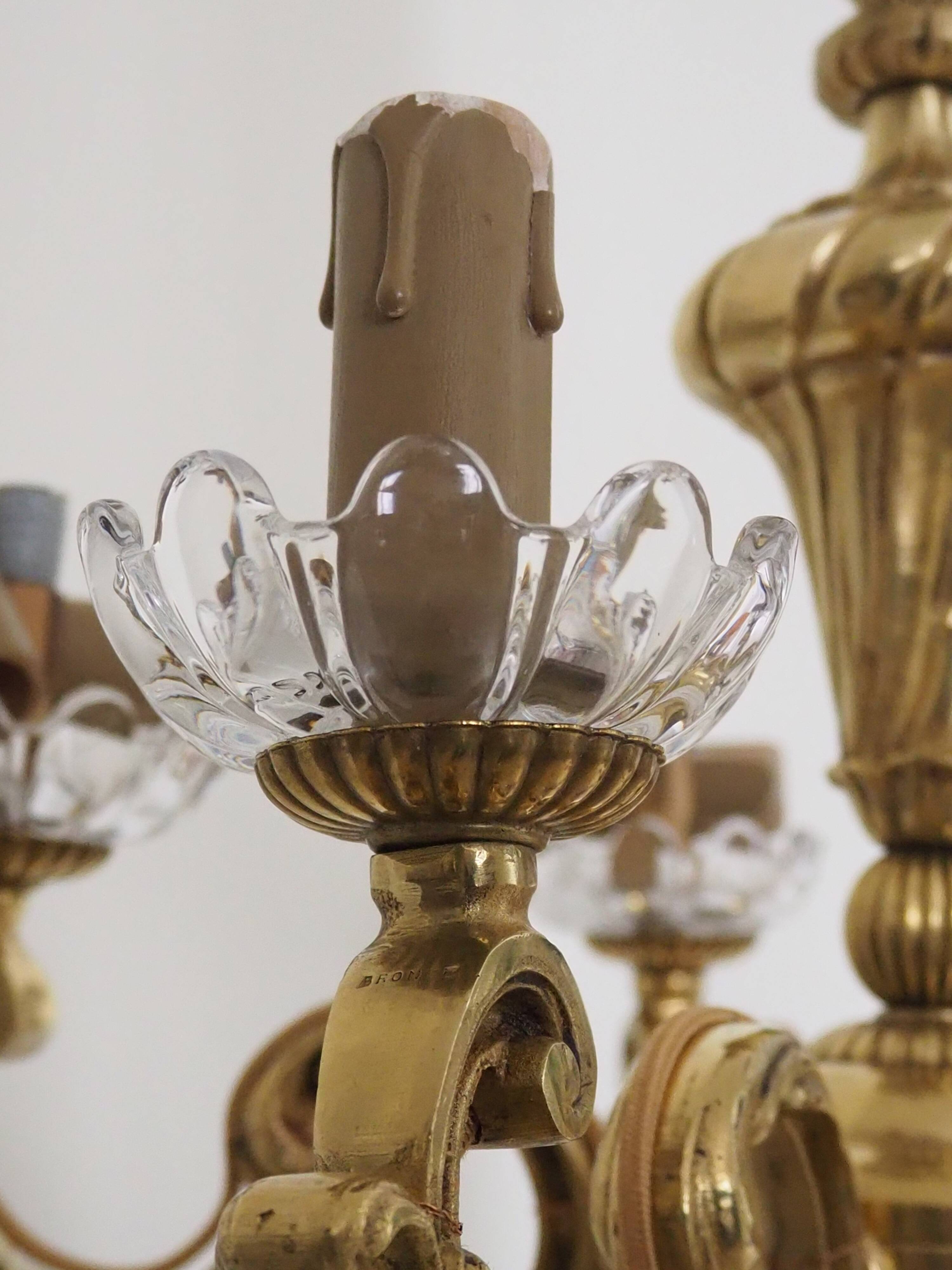 Solid bronze chandelier with crystal pendants and candle holders - Lucien GAU