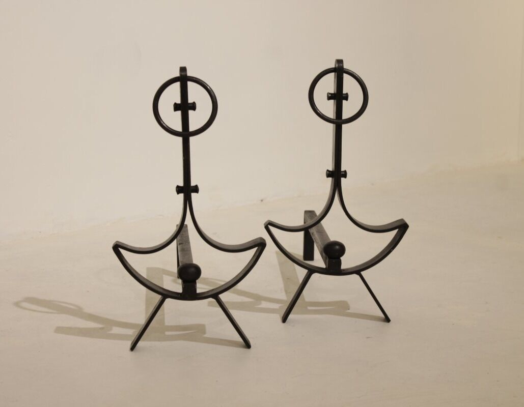 Pair of modernist wrought iron fire dogs