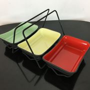 Aperitif service in coloured enamelled sheet metal, cups, ramekins