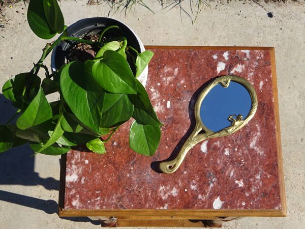 Ancienne table de chevet style Louis XVI en noyer, dessus marbre