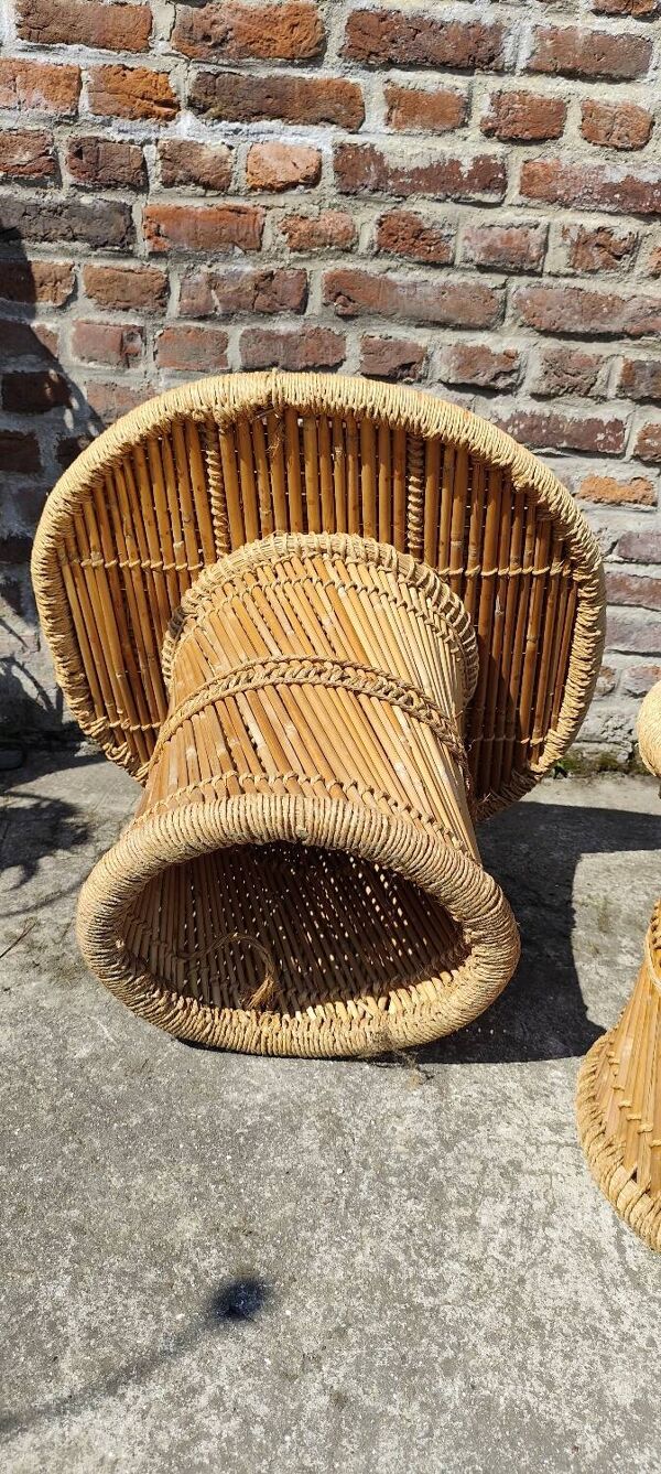 Table basse et tabouret en bambou et corde tressée