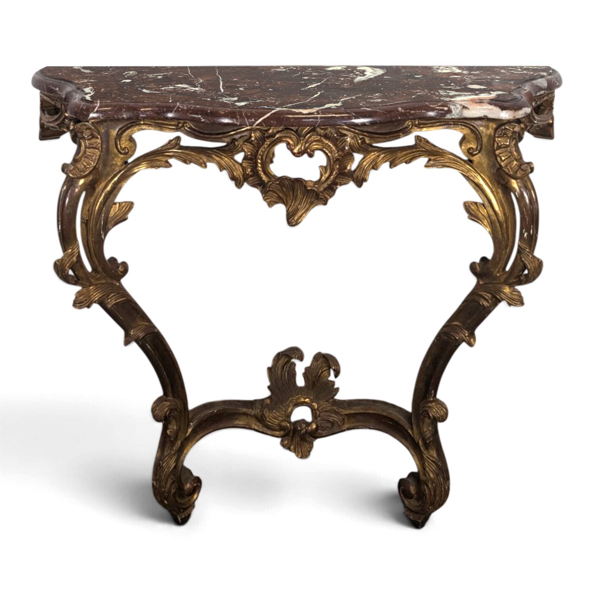 Console Louis XV en bois doré sculpté dessus marbre rouge