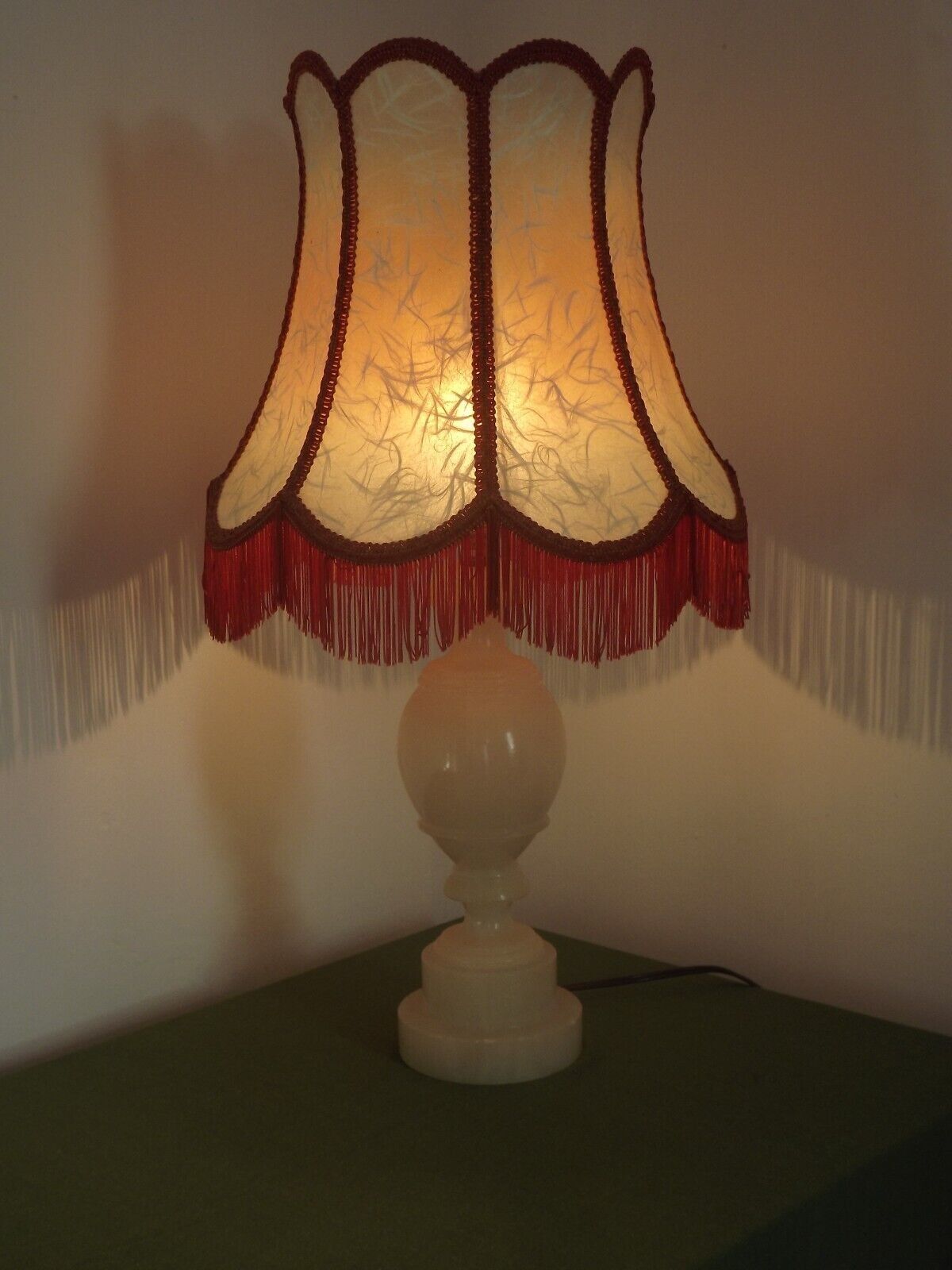 French vintage round marble table lamp with hide skin decorative shade