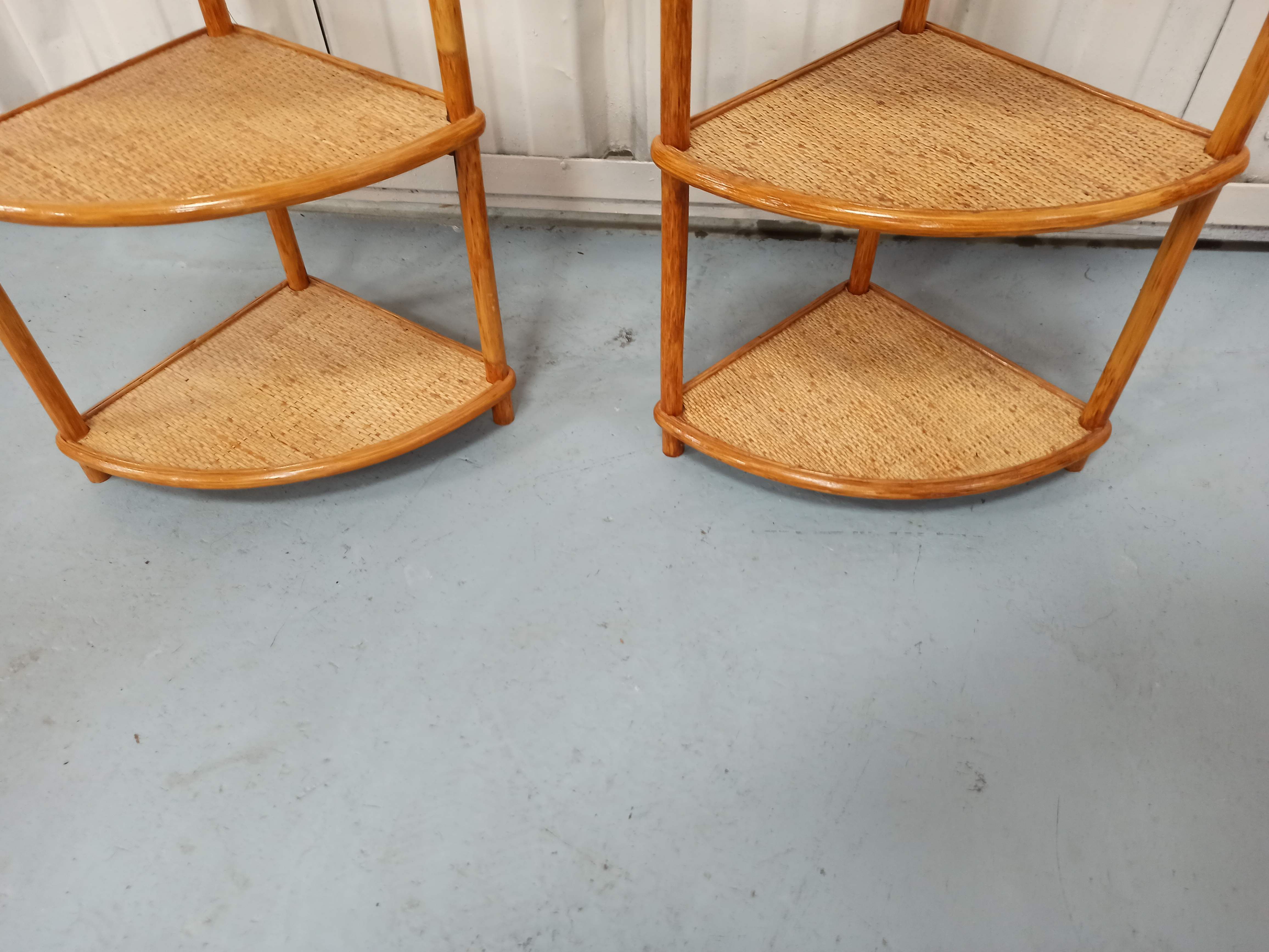 Pair corner shelves bamboo and braided rattan angle bedside tables shelf
