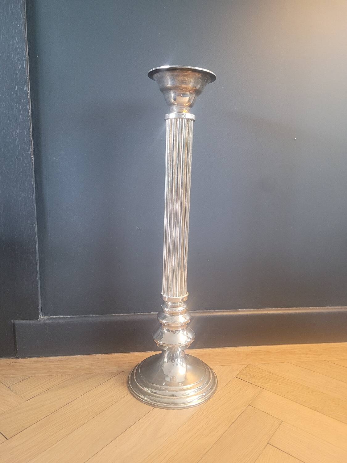 Large antique candle holder 45cm in silver metal