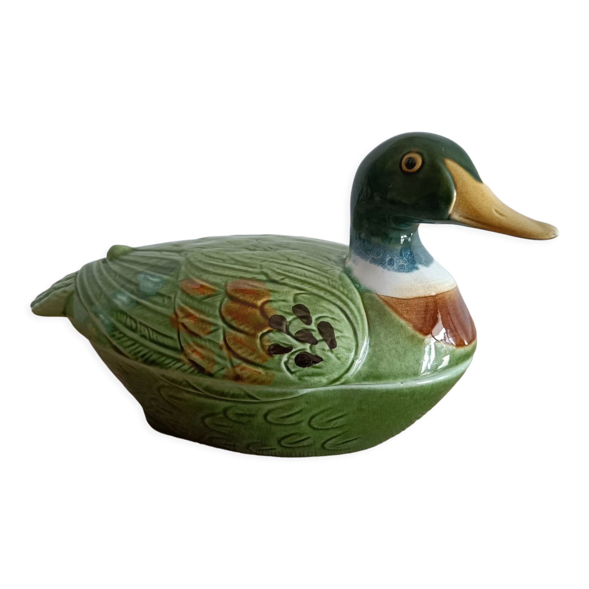 Old terrine duck Michel Caugant green ceramic