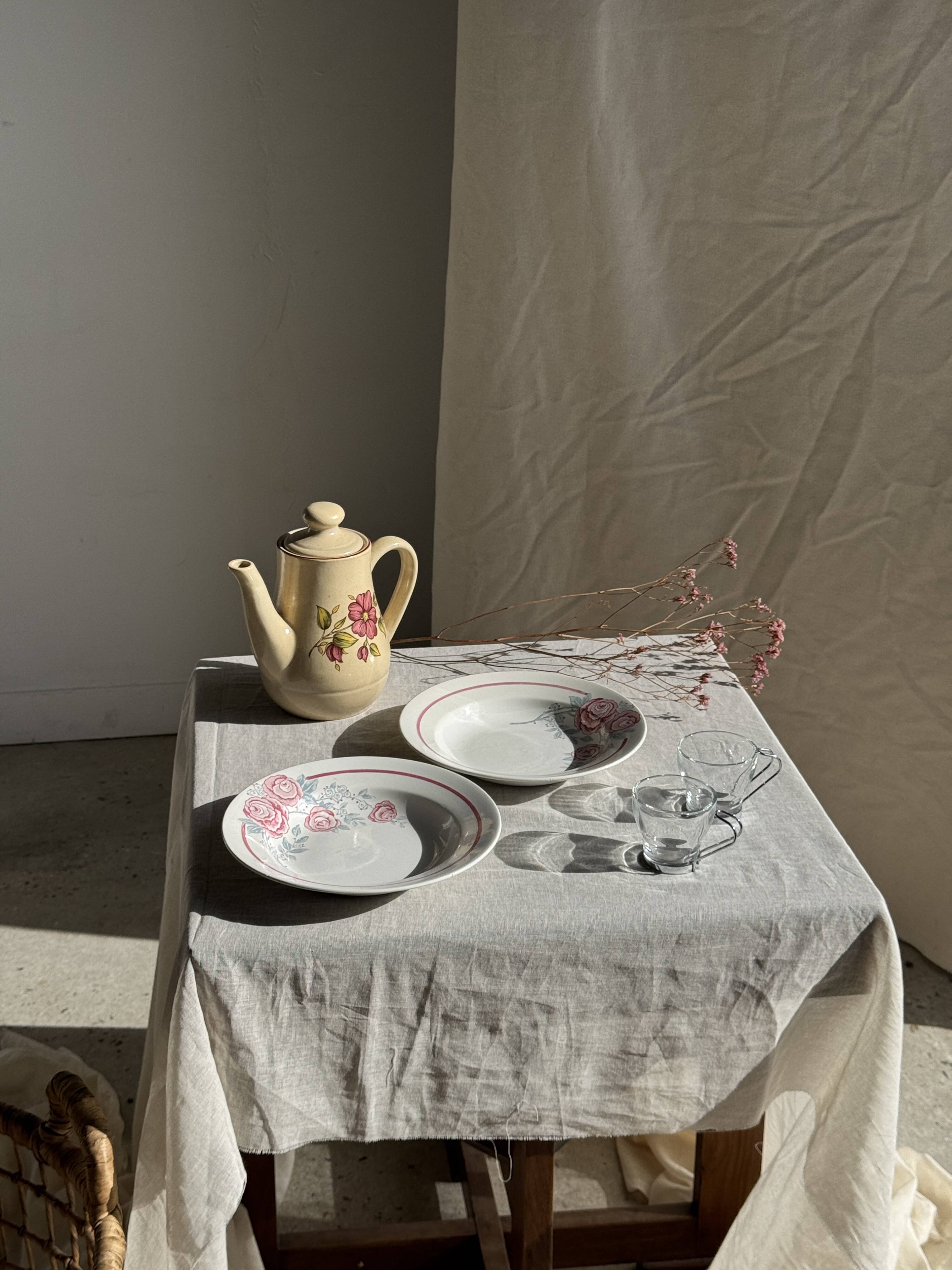 Vintage beige stoneware teapot with pink flower pattern H22