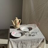 Vintage beige stoneware teapot with pink flower pattern H22