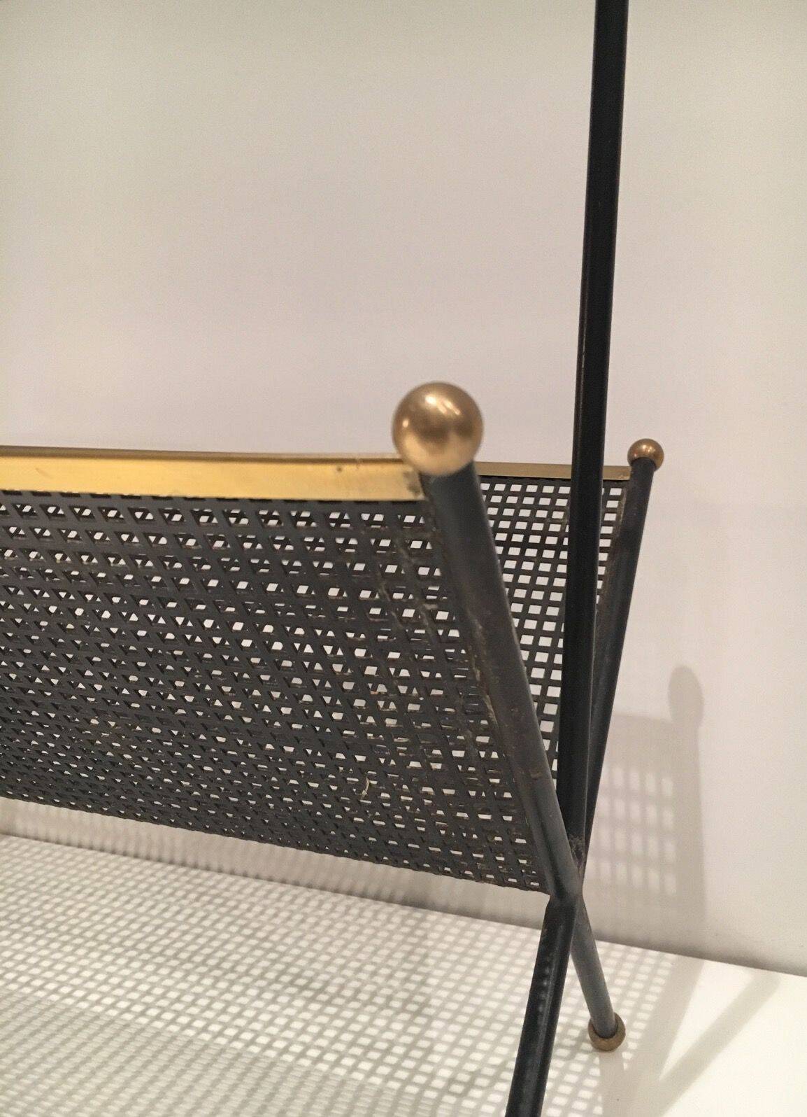 Black lacquered metal design magazine rack, perforated sheet and brass