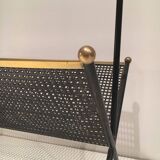 Black lacquered metal design magazine rack, perforated sheet and brass