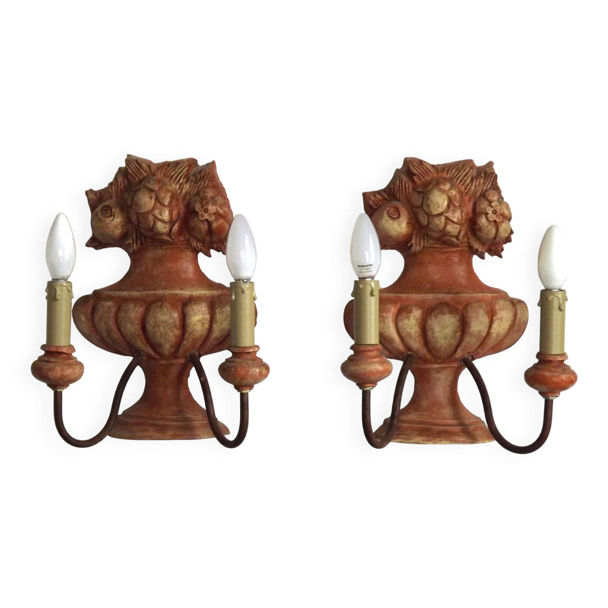 Rare Large Pair of French Terracotta Urn Fruit Basket Double Wall Lights