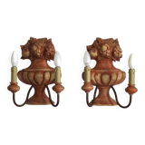 Rare Large Pair of French Terracotta Urn Fruit Basket Double Wall Lights