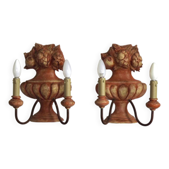 Rare Large Pair of French Terracotta Urn Fruit Basket Double Wall Lights