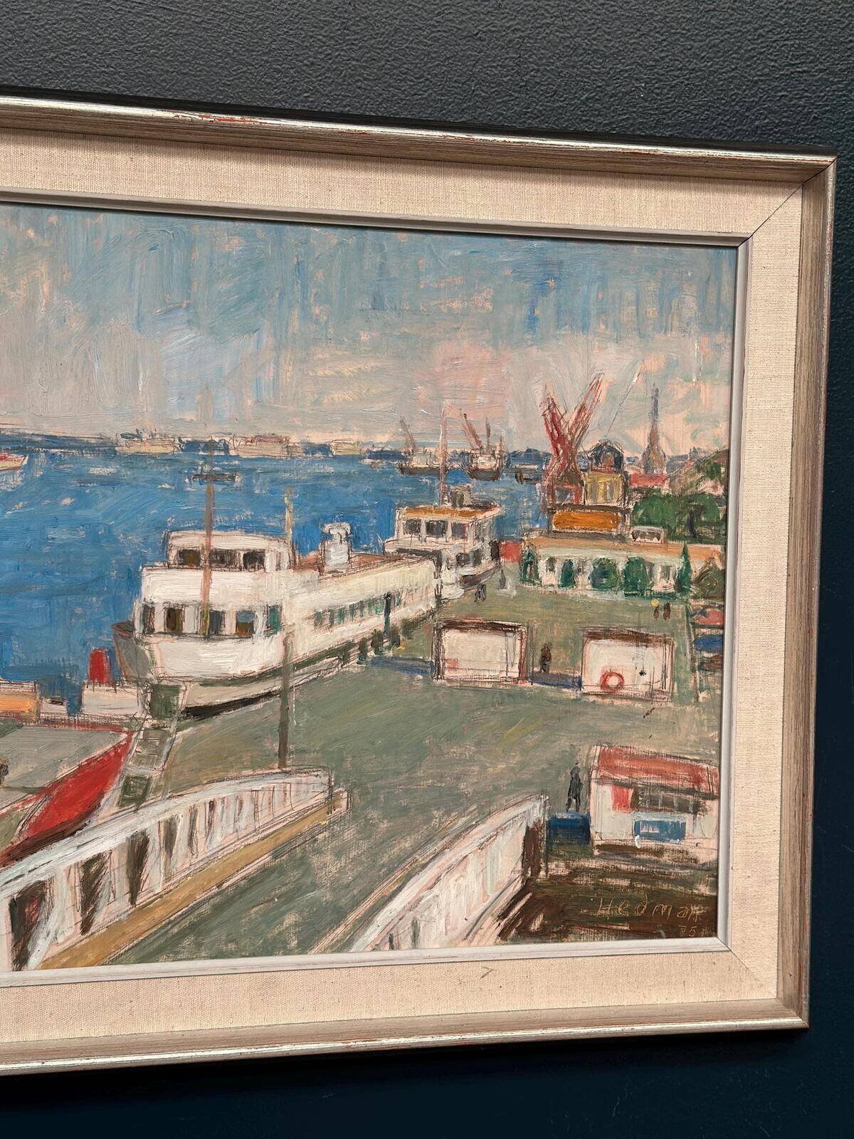 Original Swedish Oil Painting – “Malmö Harbour” By John Hedman