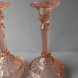 Pair of pink glass candle holders