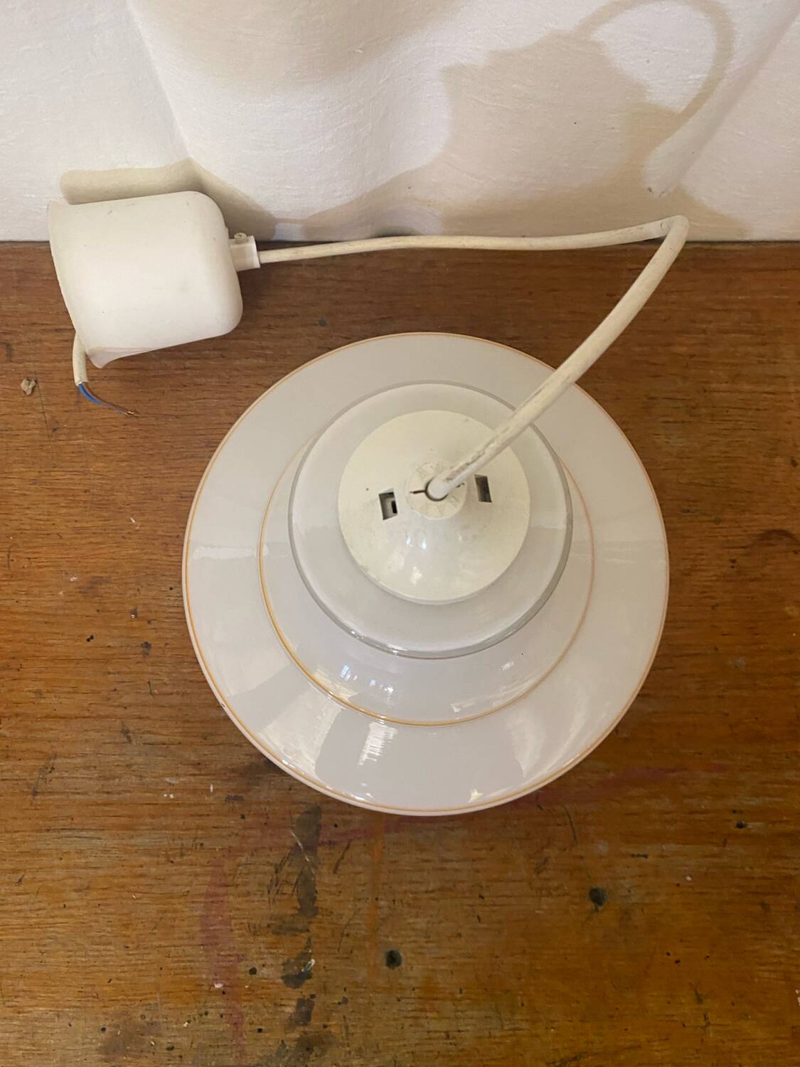 Antique White Opaline & Yellow Decor Pendant Light 70s Vintage