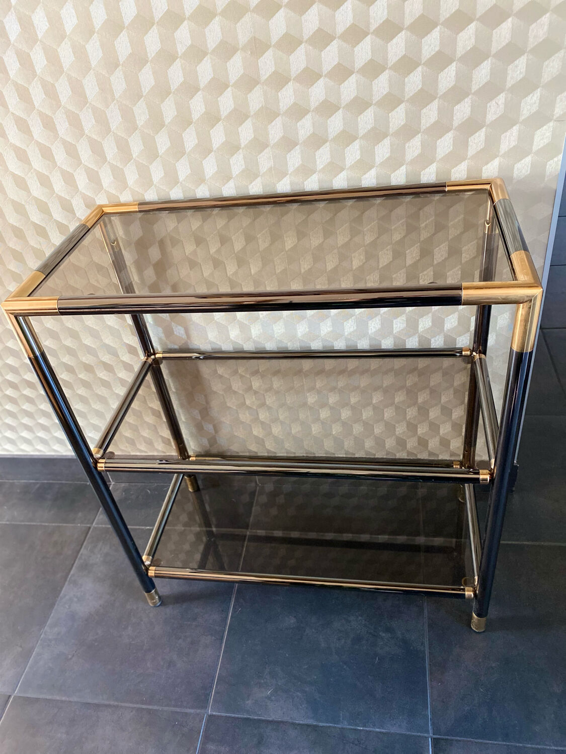 Console shelf smoked glass aluminum and brass
