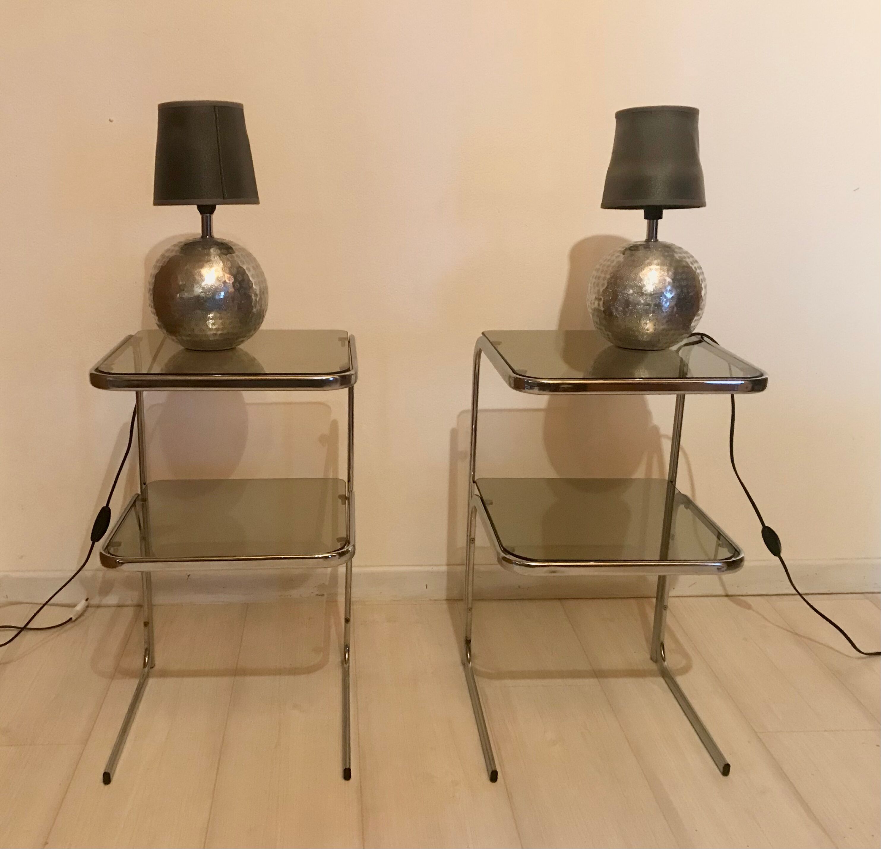 Bedside tables 70s glass and chrome