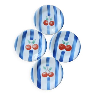 4 assiettes à dessert vintage en porcelaine italienne - Motif cerises et ra