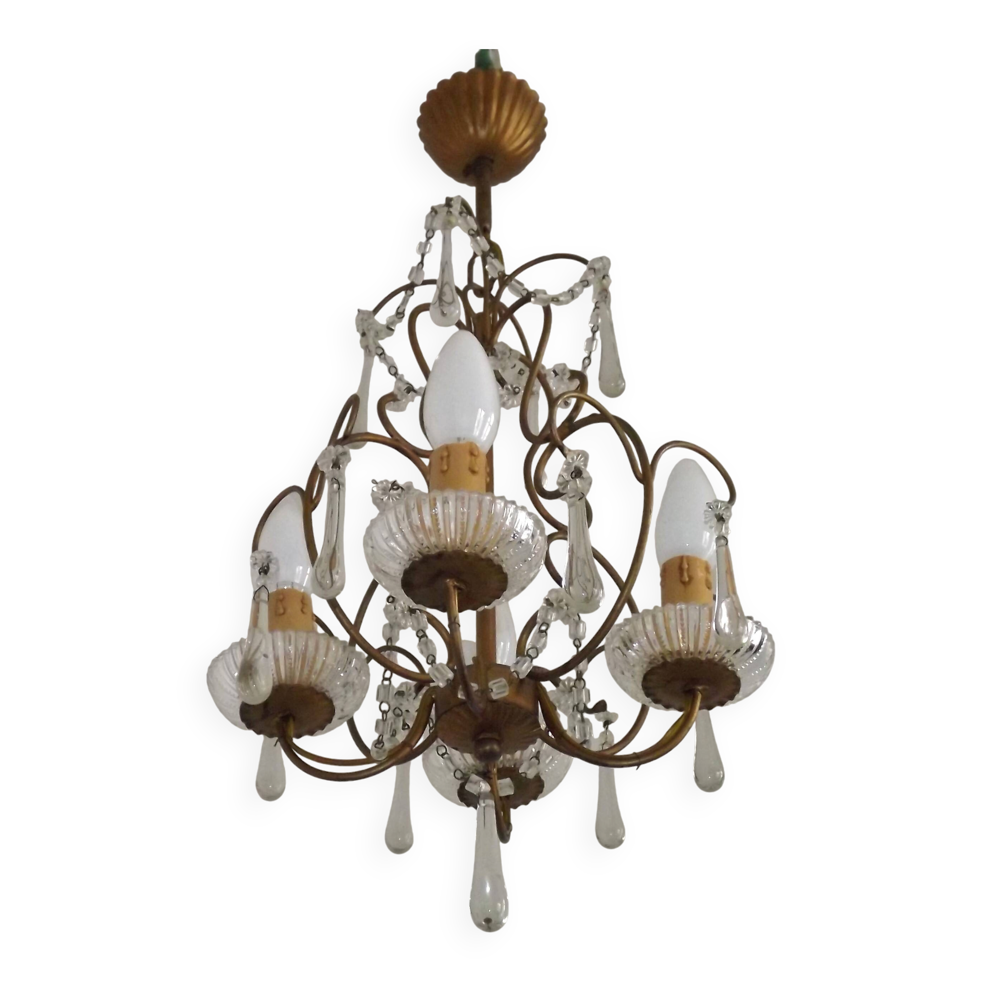 Vintage French 4 Arm Gilded Metal Cage Chandelier Beads Clear Murano Drops