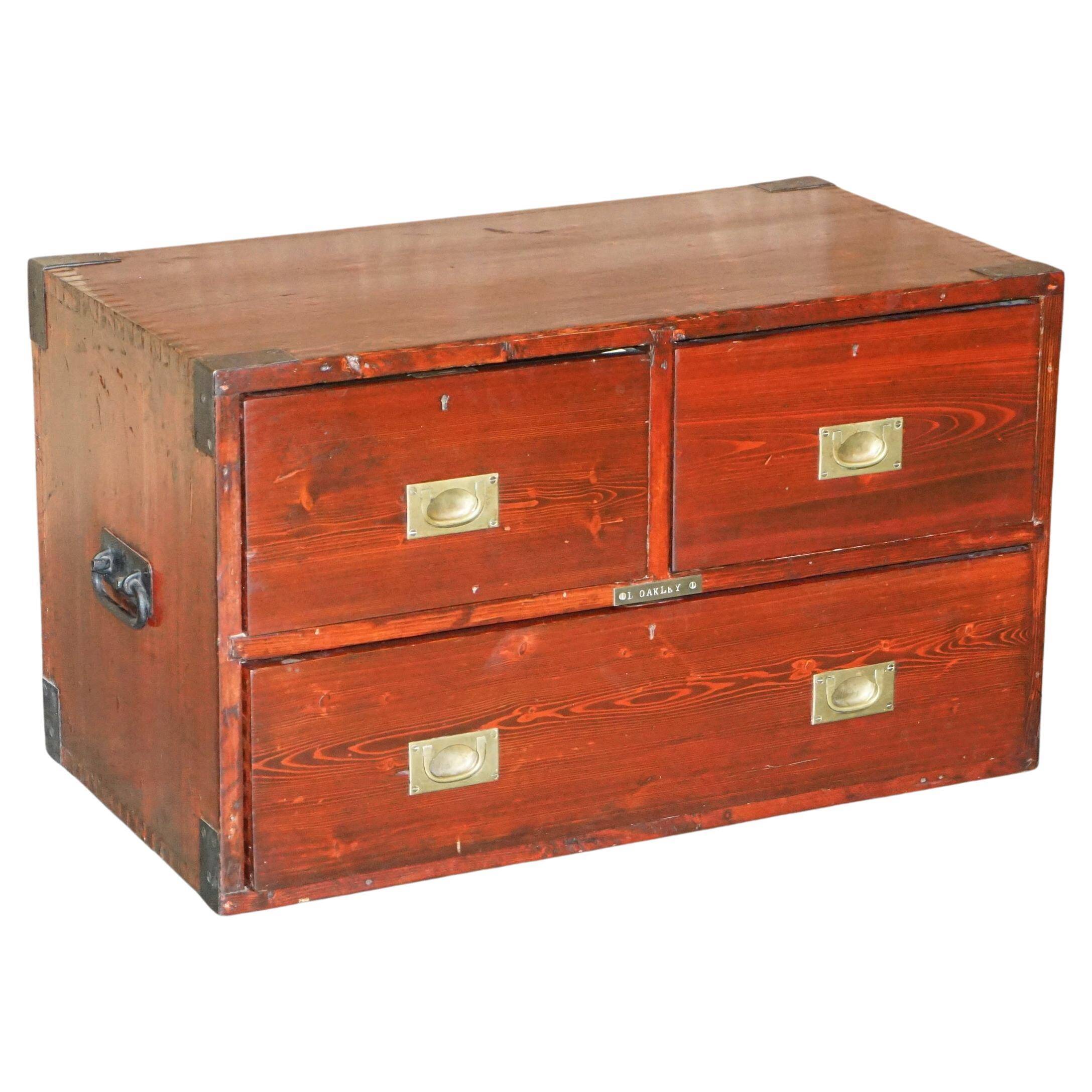 Antique Victorian military commode in Oregon pine with nameplate.