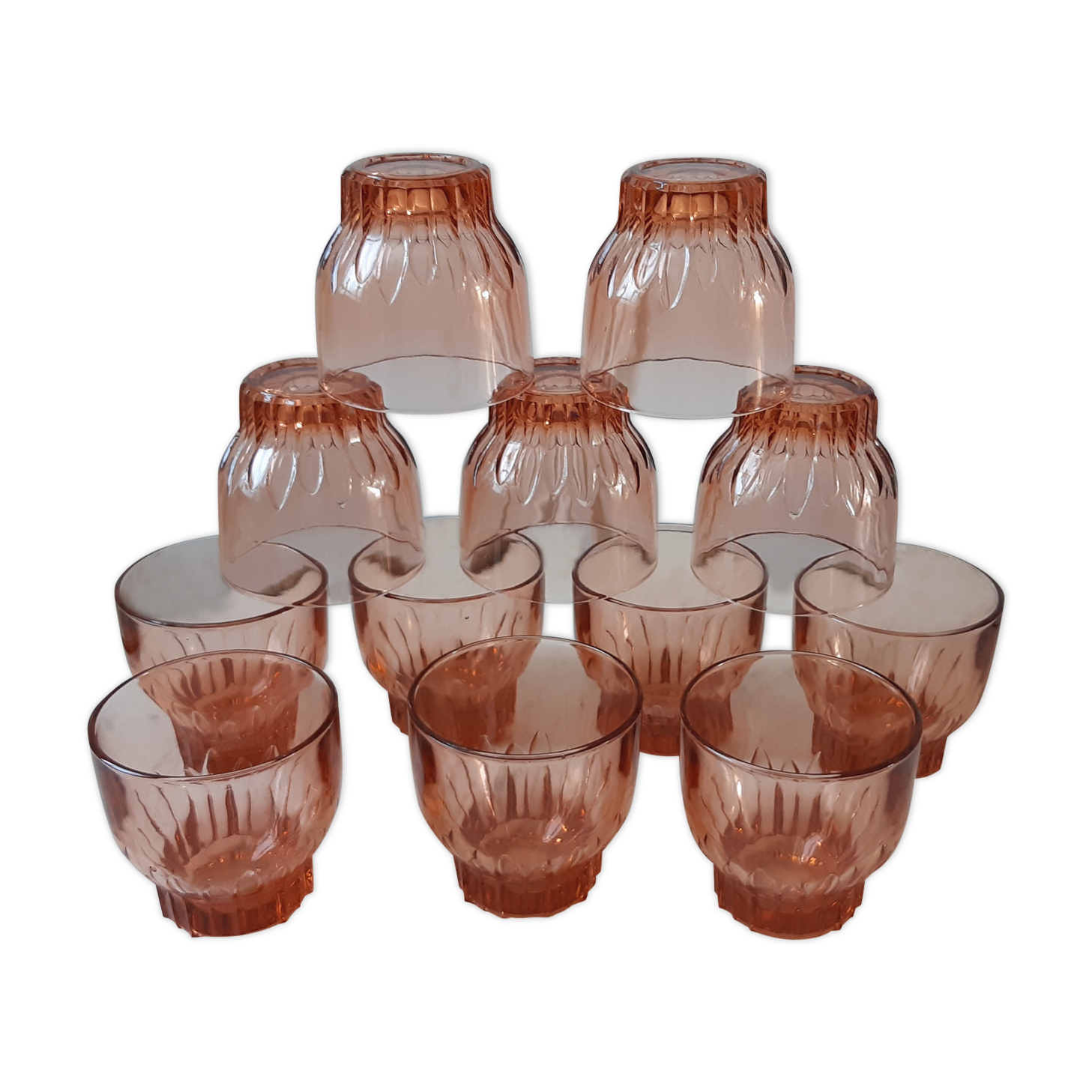 Lot de 12 verres à eau en verre rose art déco