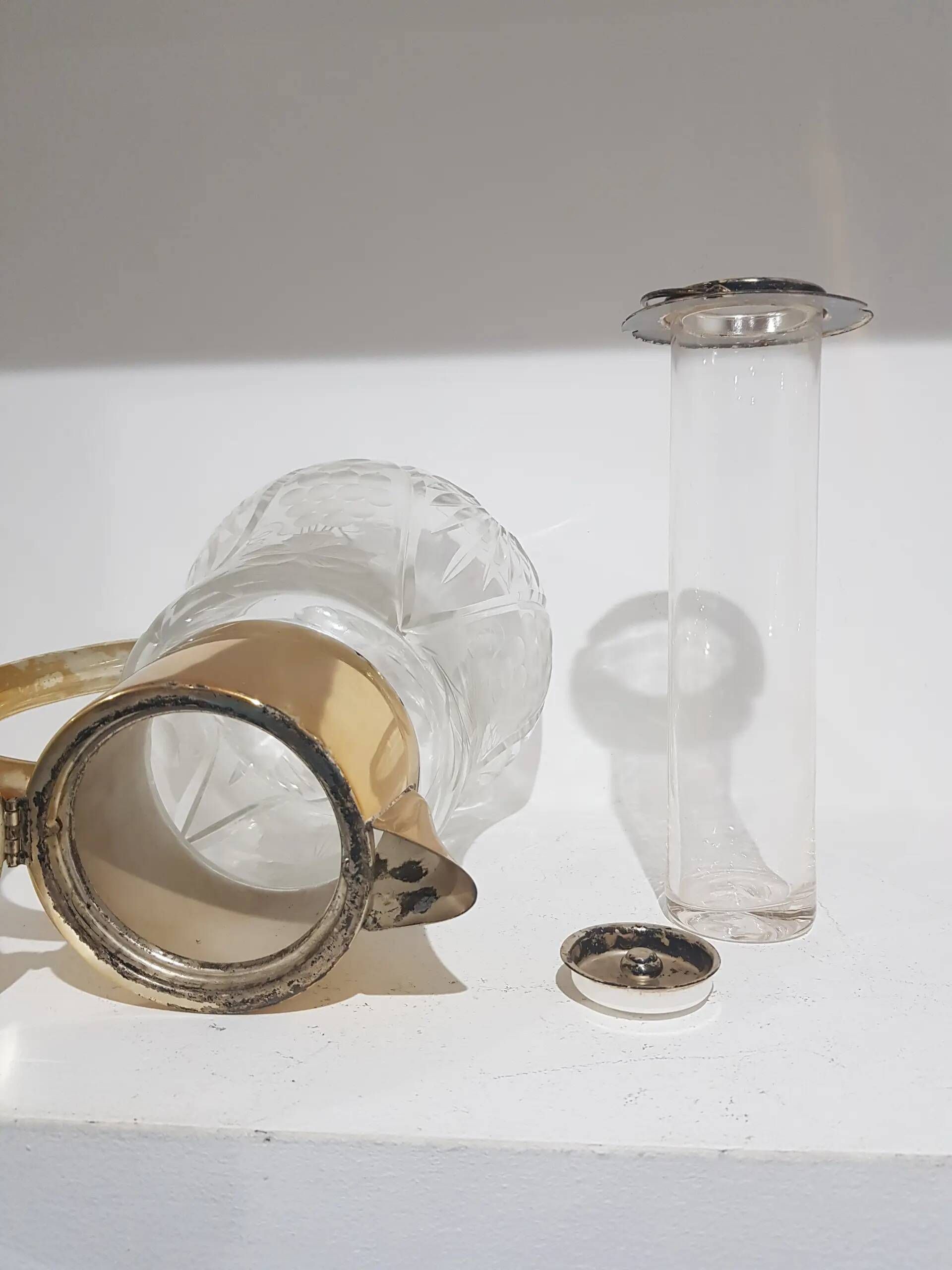 Carafe, transparent crystal, gilded brass, Germany, 1950s