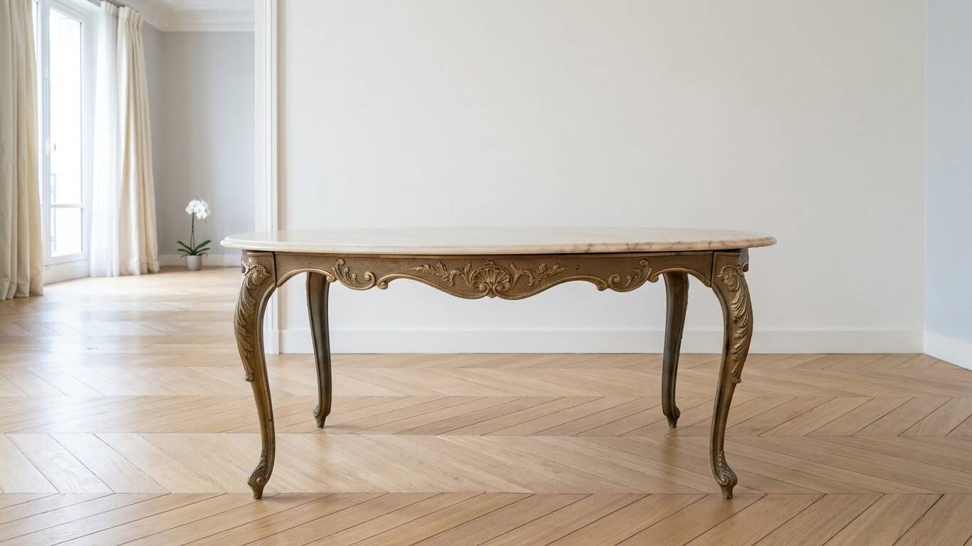 Vintage oval coffee table in marble and gold brass.