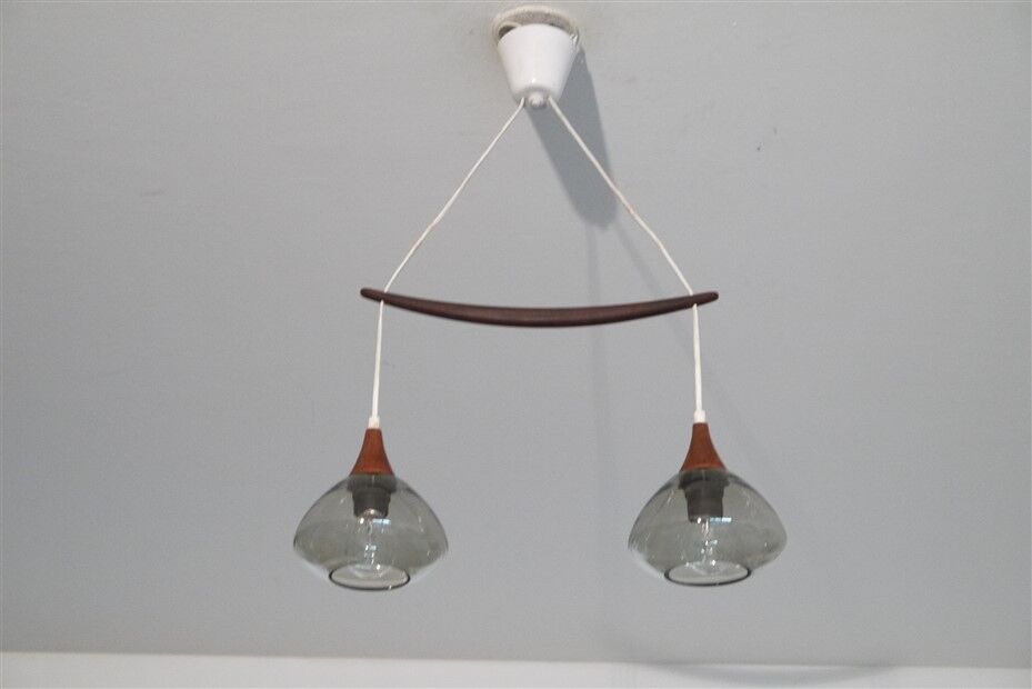 Scandinavian boomerang chandelier in teak and glass