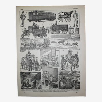 Lithographie • L'ancienne poste, courrier, lettre • Gravure originale de 1898