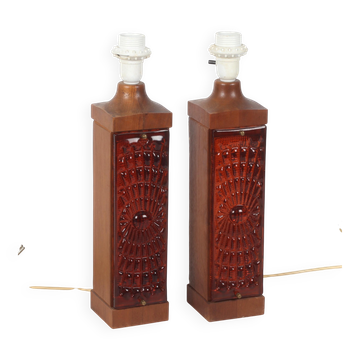 Table lamp in moulded glass and amber red teak, pair, Sweden, 1970.
