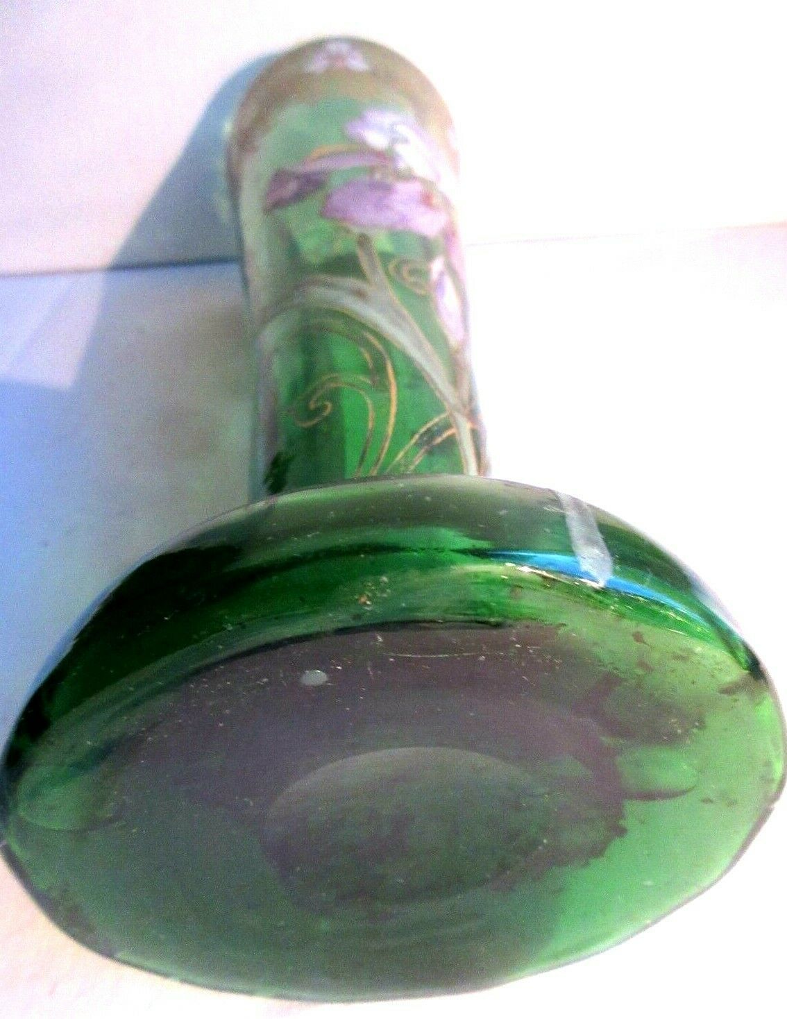 Vase "Spring" Art Nouveau enamelled glass Legras with purple iris and gold lace