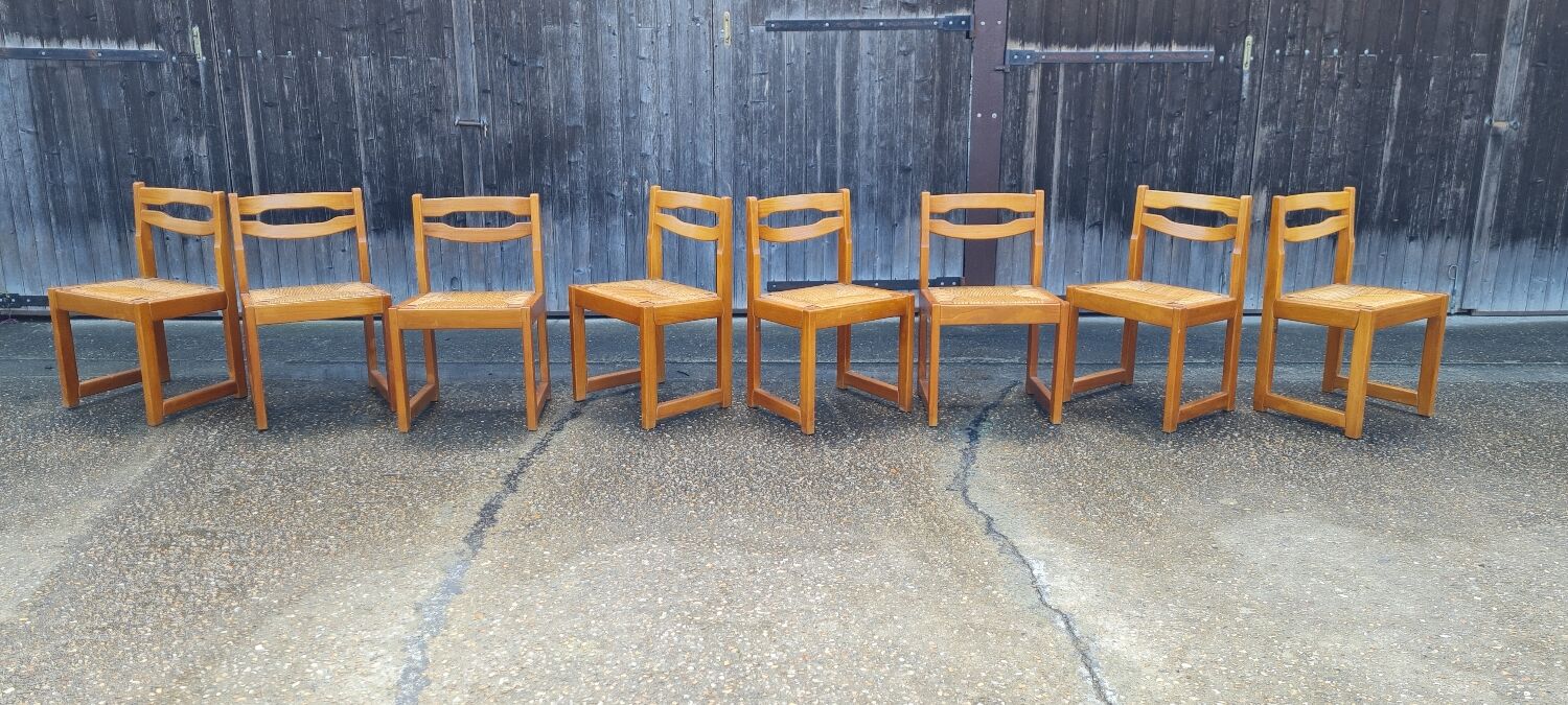 Set of 8 chairs in elm and straw by Maison Regain
