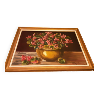 Oil on canvas cut of cyclamens 1974 signed garcin