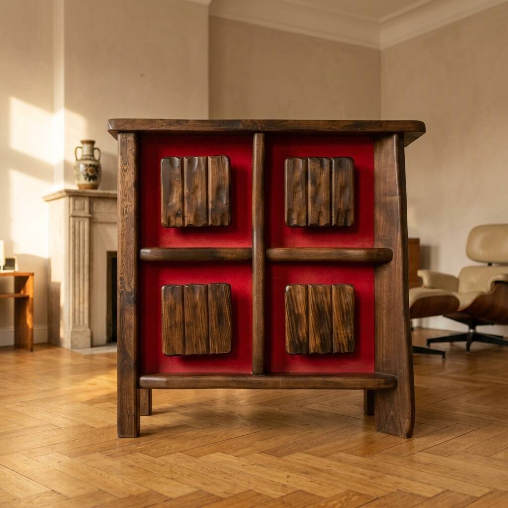 Cabinet de bar rétroéclairé brutaliste des années 70, en bois massif, style scandinave.