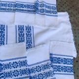 Rectangular tea tablecloth and 6 napkins, made in France, Basque linen, white and blue, Vintage