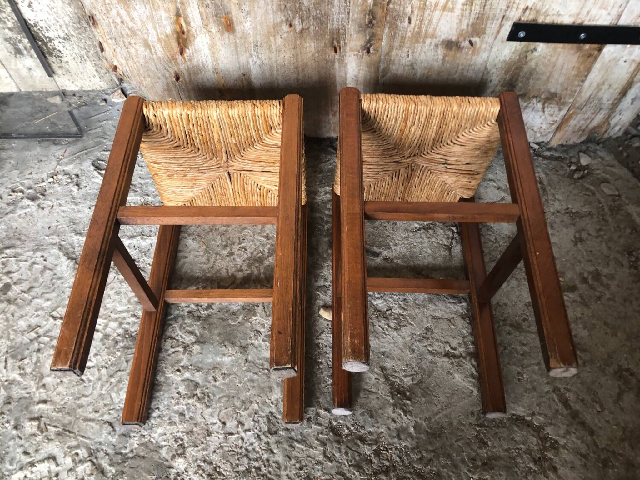 Pair of Old Carved Wood Stool + Vintage Straw Seat #A630