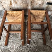Pair of Old Carved Wood Stool + Vintage Straw Seat #A630