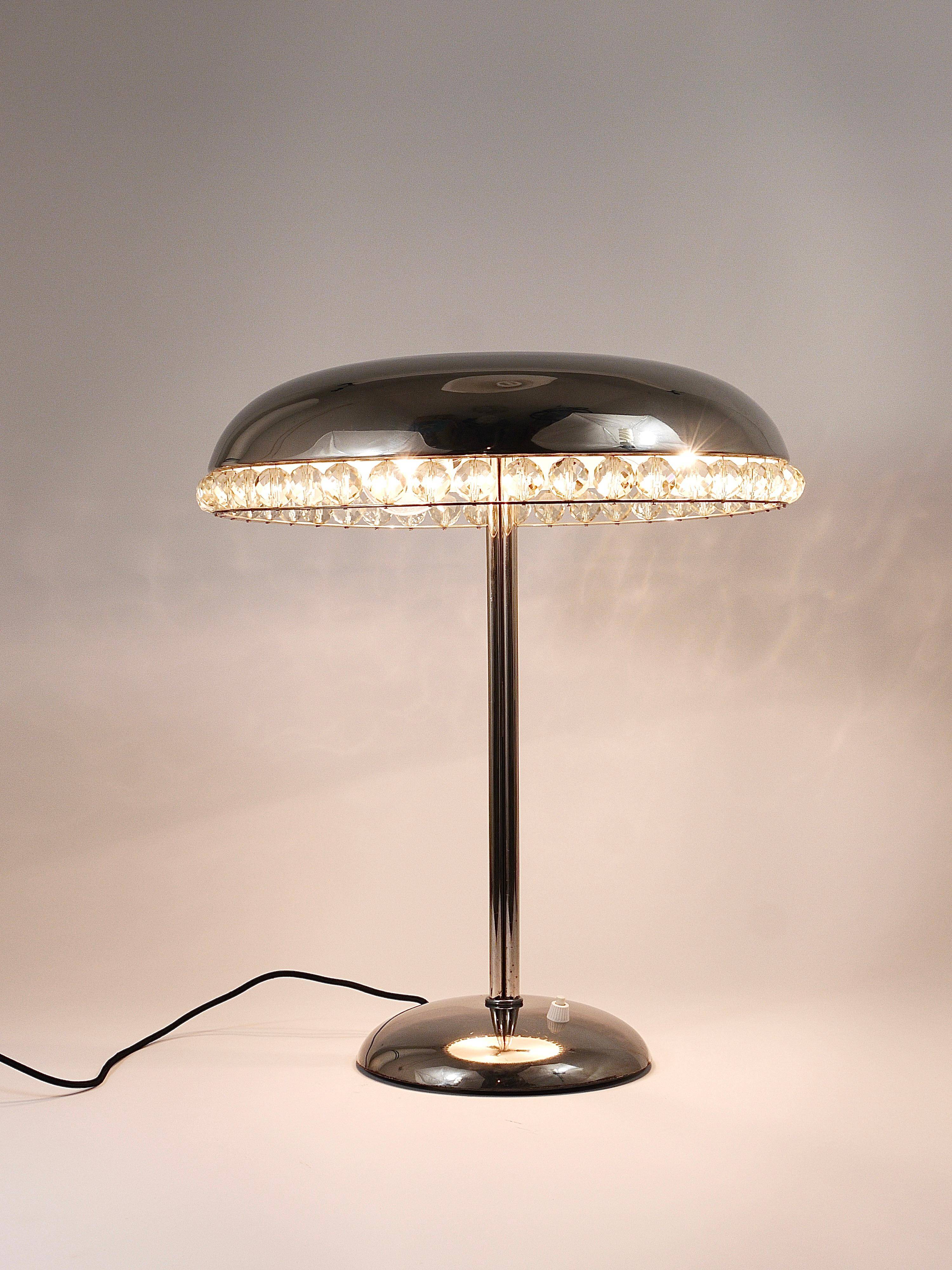 Mushroom Table Lamp in Nickel and Crystal Bakalowits Vienna, Austria, 1950s