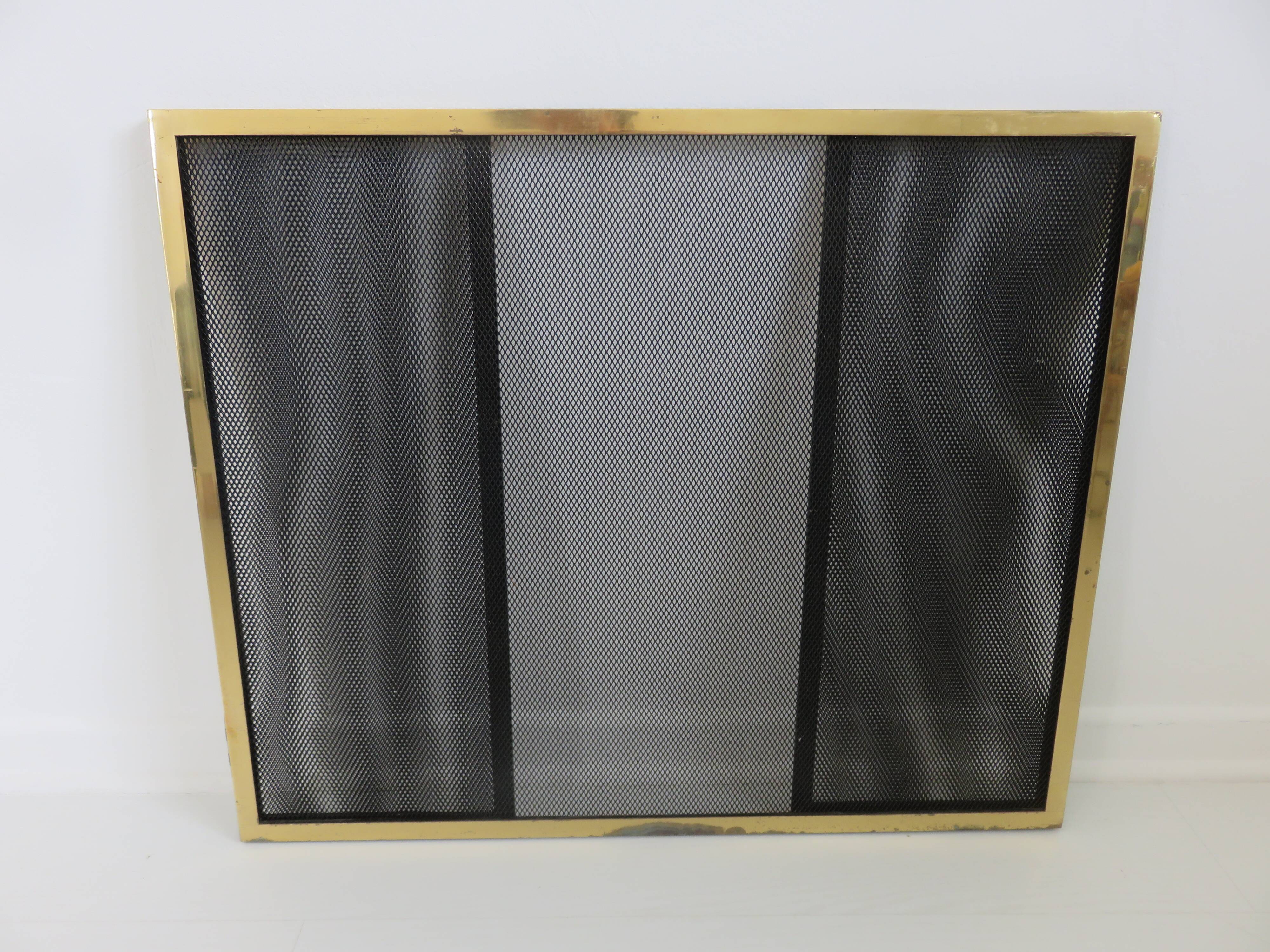 Fire screen, 3-panel brass spark screen for fireplace, modernist, minimalist, 1970