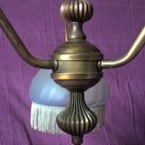 Vintage chandelier art-deco gold metal bronze three half-globes frosted glass and fabric stamps