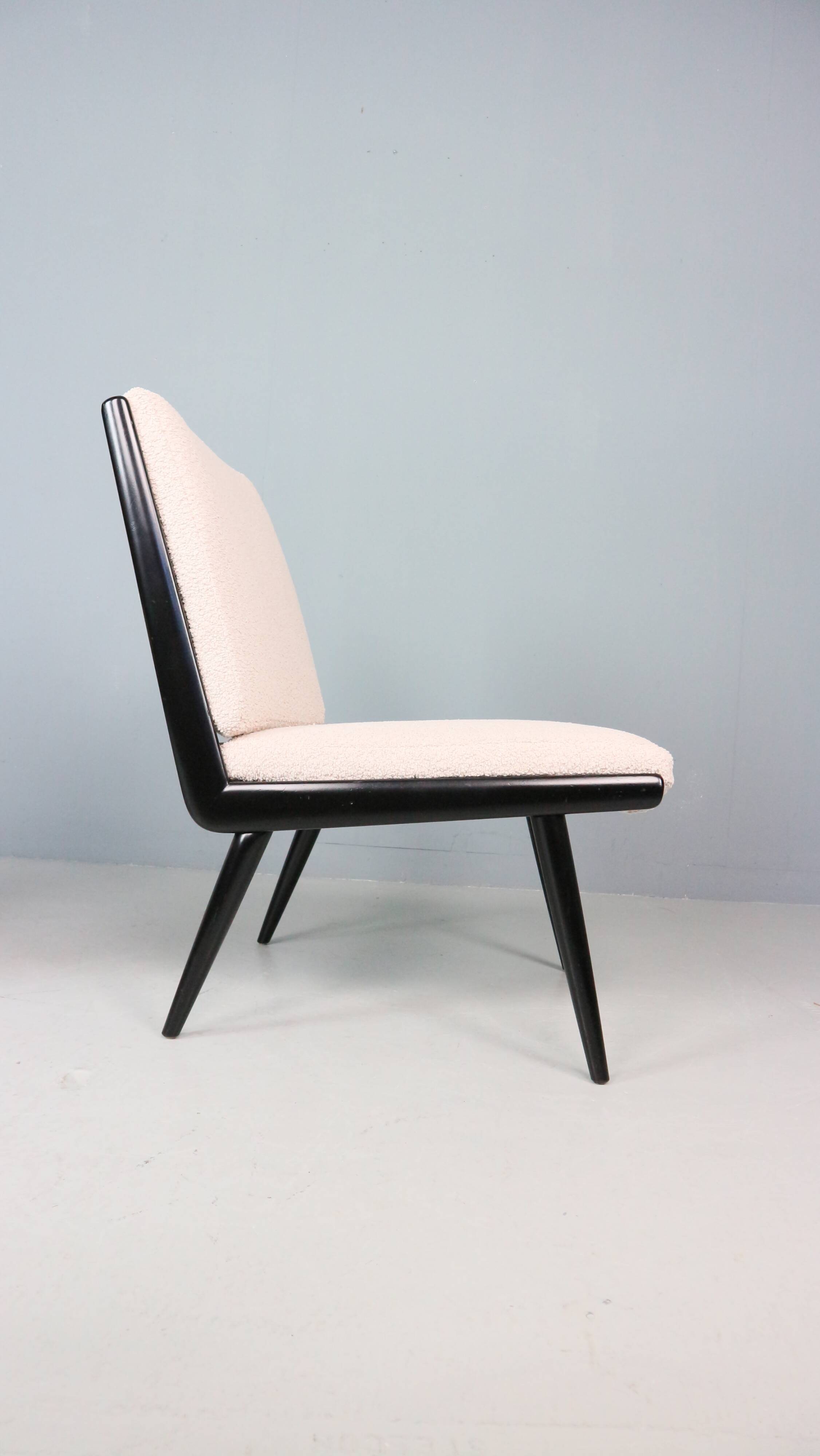 2x 'boomerang' h. mitzlaff, e. schmidt for soloform, bouclé lounge chairs, 1953