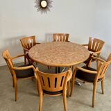 Old inlaid wood table designed by Dieter Waeckerlin Idealheim from the 70s with metal foot
