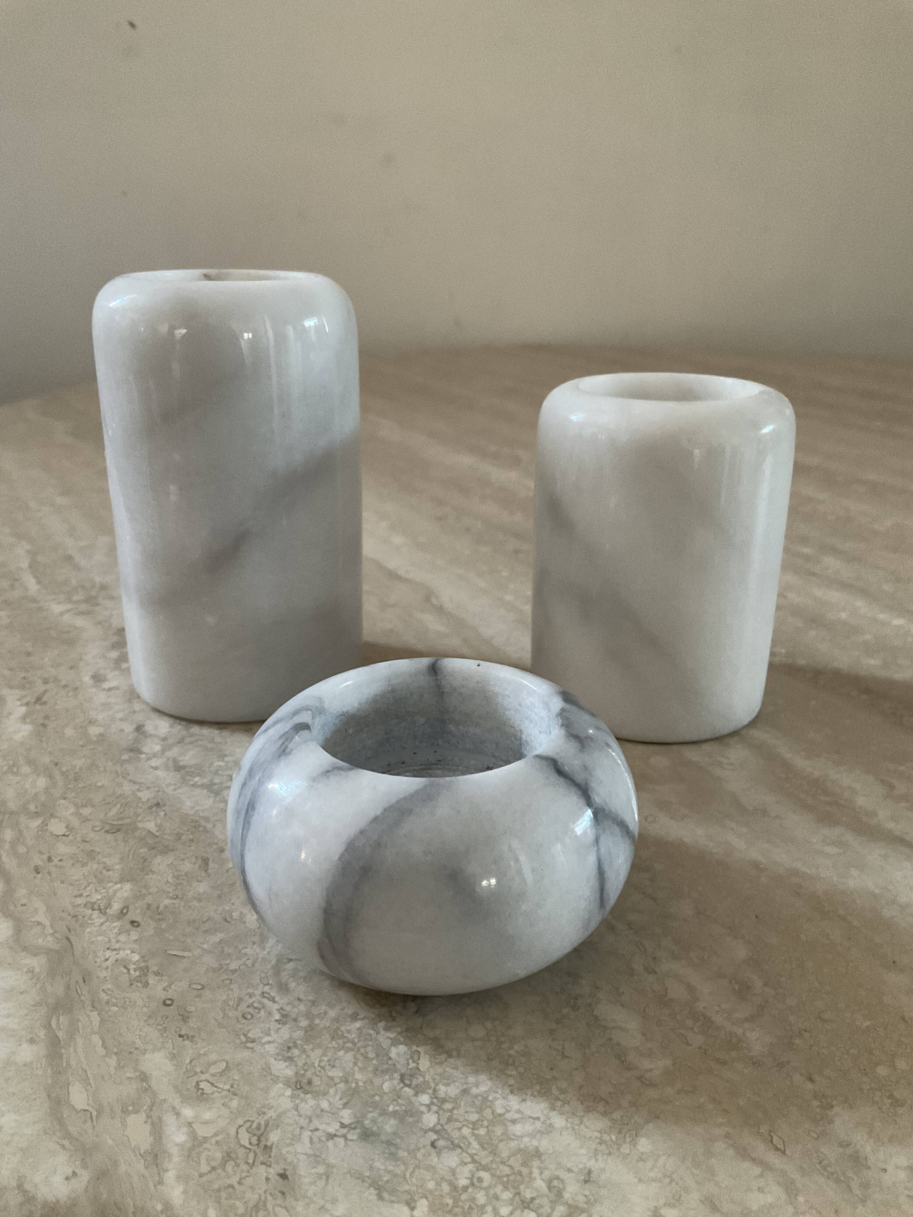 Trio of vintage white marble candle holders