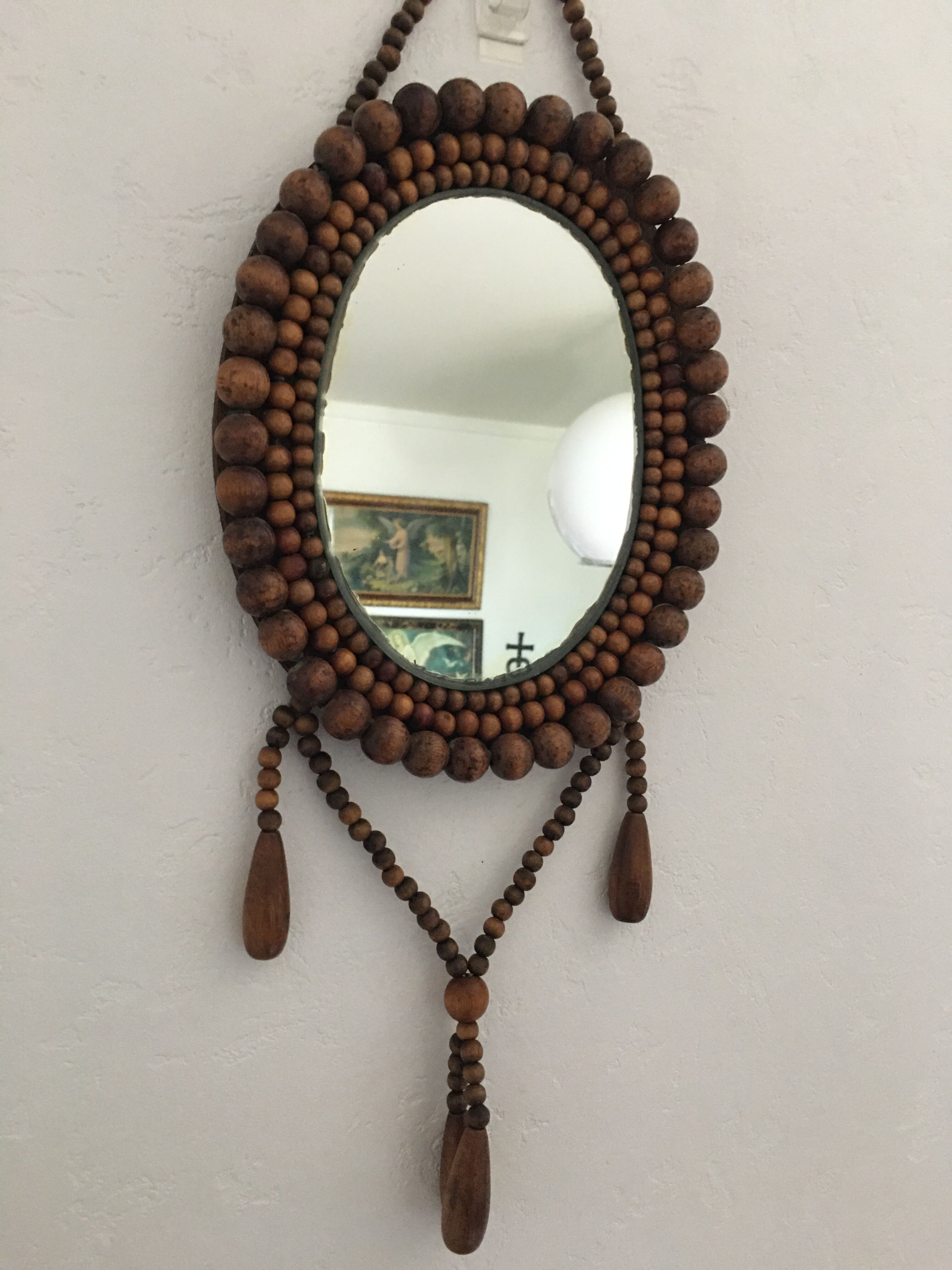 Vintage bohemian mirror in wooden beads - 22x26cm