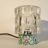 Lampe salon chevet bureau vintage verre transparent fleurs violet bleu vert