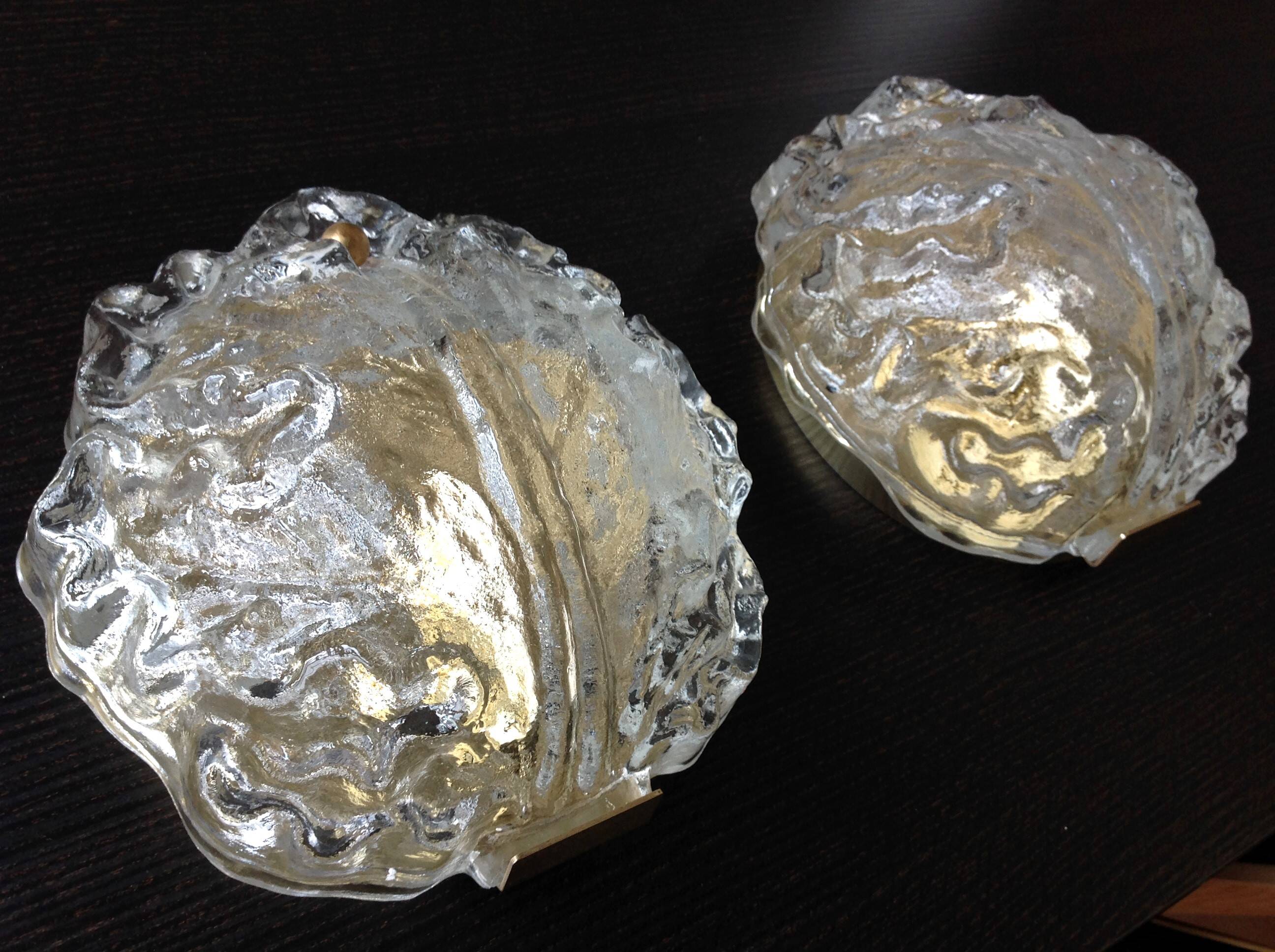 Pair of ice glass and brass wall lights by Limburg / vintage 60s-70s