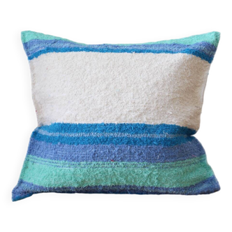 Handmade cushion cover - turquoise and white - hand woven with recycled cotton